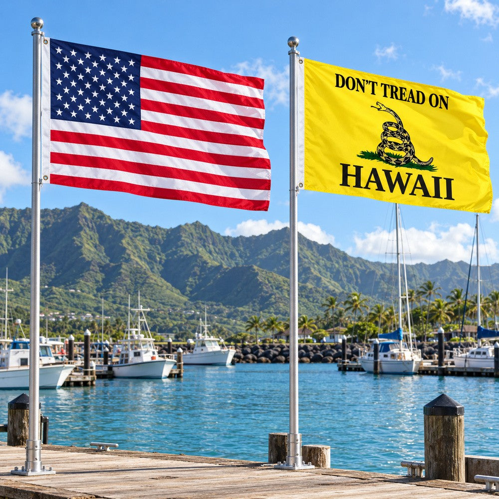 Heavy Duty American Flag and Don't Tread on Hawaii Flag 3x5 2-Pack displayed outdoors