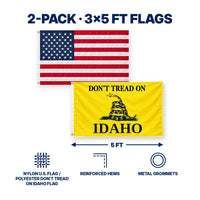 Heavy Duty American Flag and Don't Tread on Idaho Flag 3x5 2-Pack features and size details