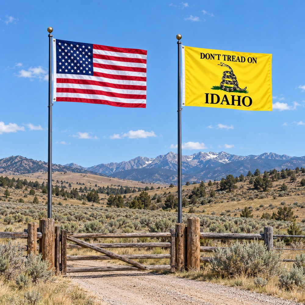 Heavy Duty American Flag and Don't Tread on Idaho Flag 3x5 2-Pack displayed outdoors