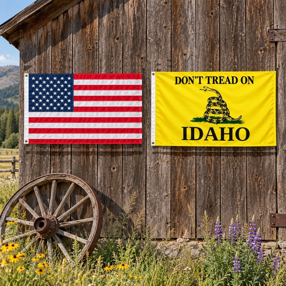 Heavy Duty American Flag and Don't Tread on Idaho Flag 3x5 2-Pack displayed outdoors