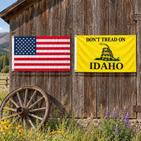 Heavy Duty American Flag and Don't Tread on Idaho Flag 3x5 2-Pack displayed outdoors