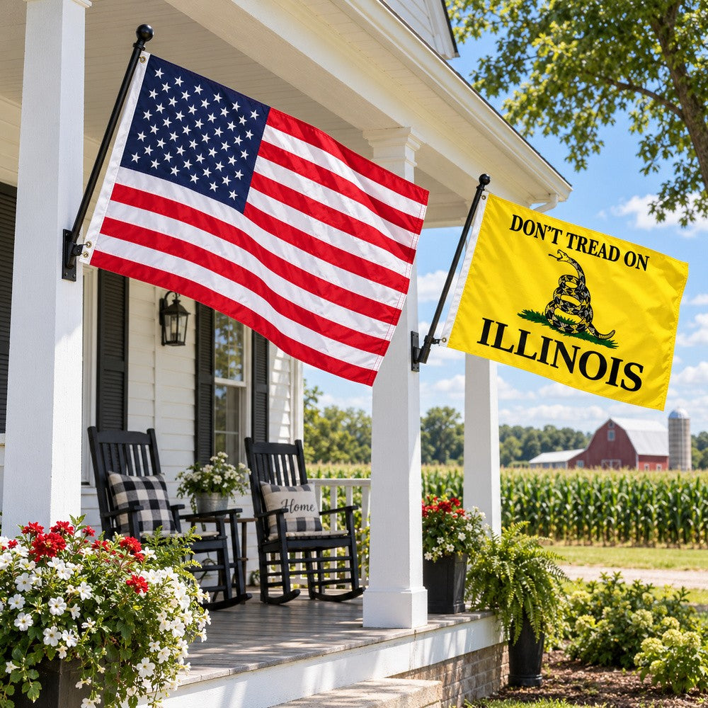 Heavy Duty American Flag and Don't Tread on Illinois Flag 3x5 2-Pack displayed outdoors
