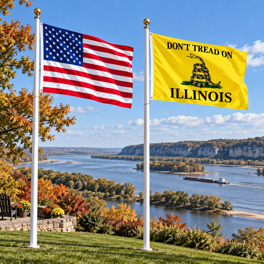 Heavy Duty American Flag and Don't Tread on Illinois Flag 3x5 2-Pack displayed outdoors