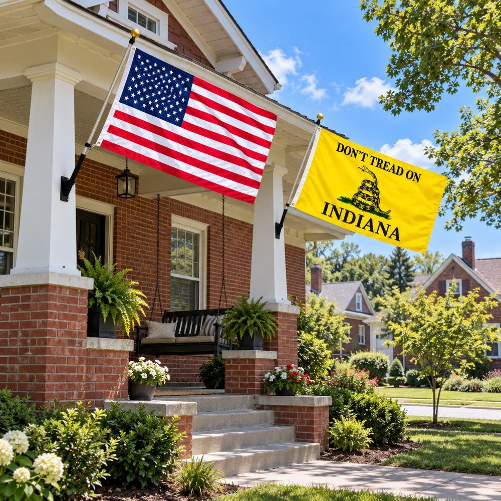 Heavy Duty American Flag and Don't Tread on Indiana Flag 3x5 2-Pack displayed outdoors