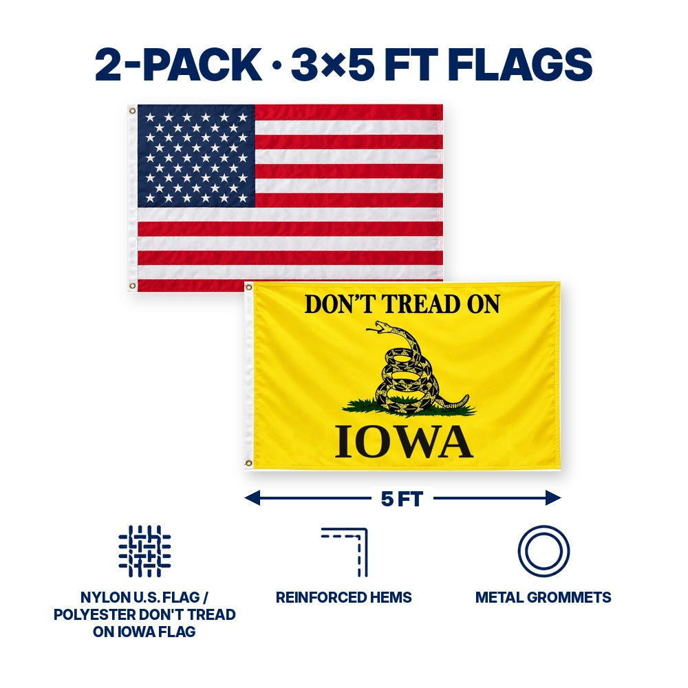 Heavy Duty American Flag and Don't Tread on Iowa Flag 3x5 2-Pack features and size details
