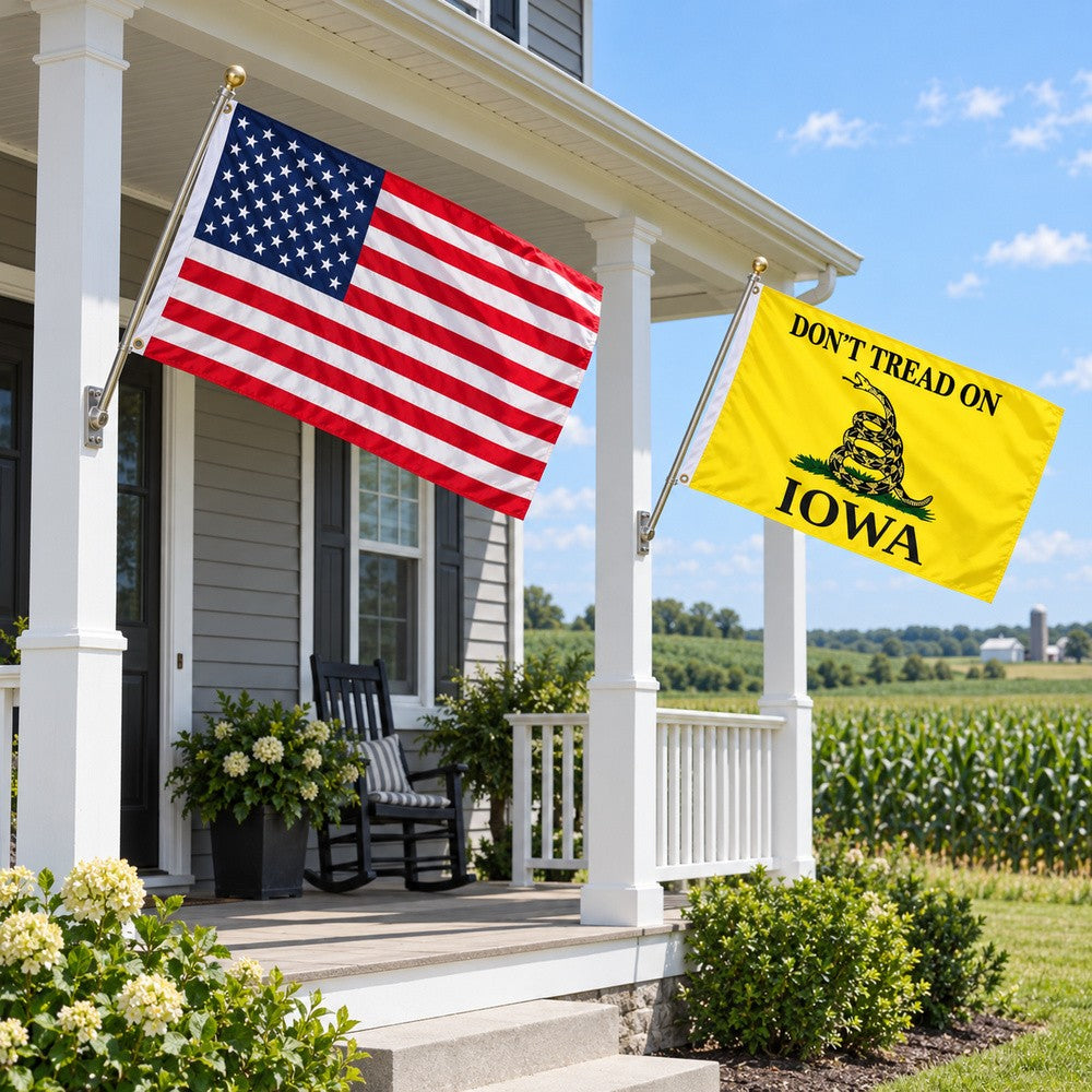 Heavy Duty American Flag and Don't Tread on Iowa Flag 3x5 2-Pack displayed outdoors