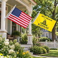 Heavy Duty American Flag and Don't Tread on Kansas Flag 3x5 2-Pack displayed outdoors