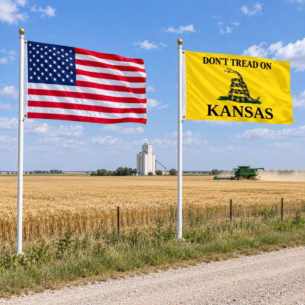 Heavy Duty American Flag and Don't Tread on Kansas Flag 3x5 2-Pack displayed outdoors
