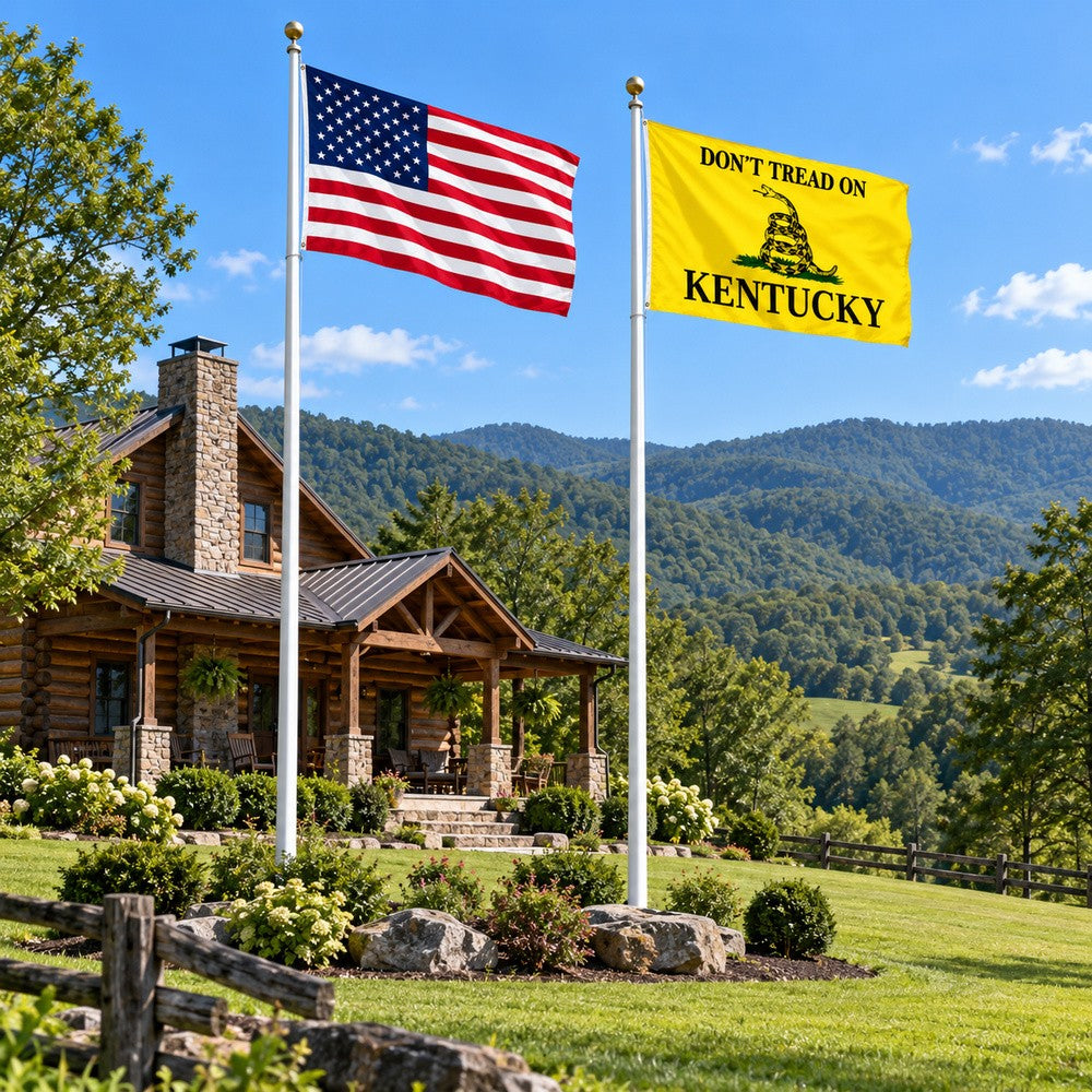 Heavy Duty American Flag and Don't Tread on Kentucky Flag 3x5 2-Pack displayed outdoors