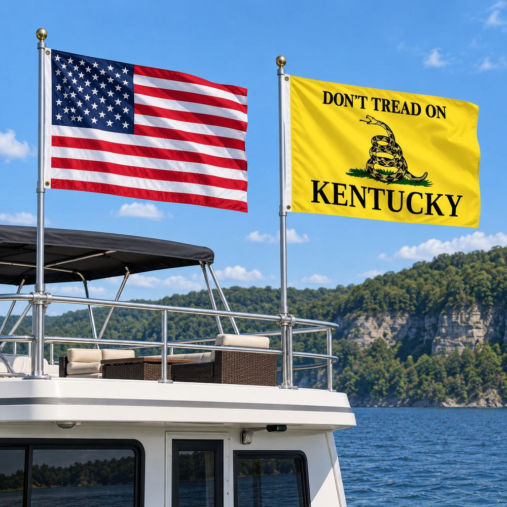 Heavy Duty American Flag and Don't Tread on Kentucky Flag 3x5 2-Pack displayed outdoors