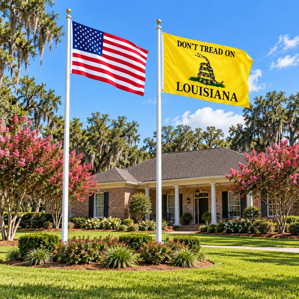 Heavy Duty American Flag and Don't Tread on Louisiana Flag 3x5 2-Pack displayed outdoors