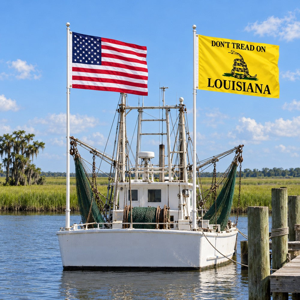 Heavy Duty American Flag and Don't Tread on Louisiana Flag 3x5 2-Pack displayed outdoors