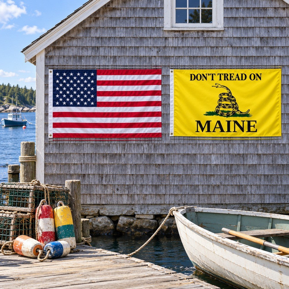 Heavy Duty American Flag and Don't Tread on Maine Flag 3x5 2-Pack displayed outdoors