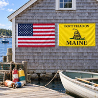 Heavy Duty American Flag and Don't Tread on Maine Flag 3x5 2-Pack displayed outdoors
