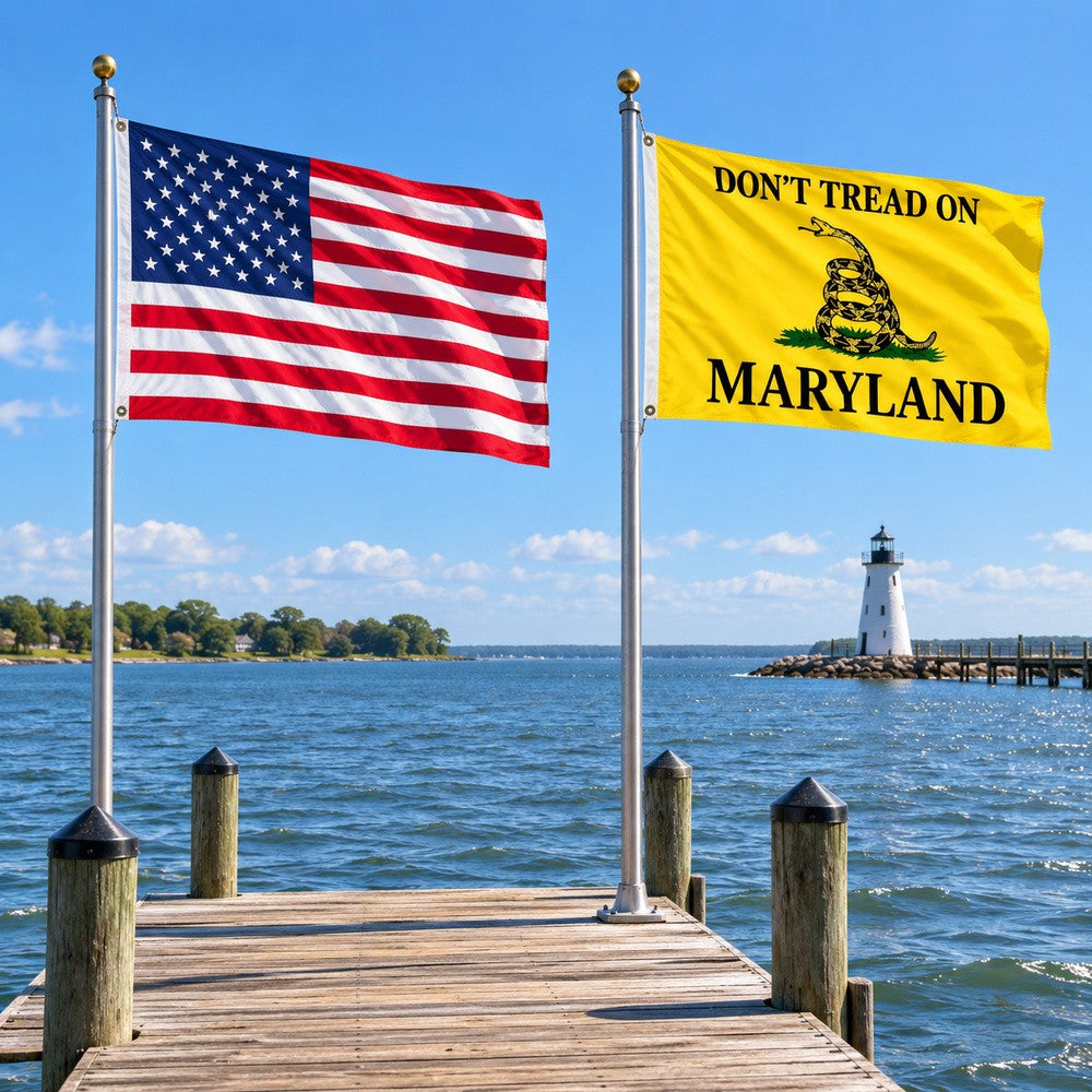 Heavy Duty American Flag and Don't Tread on Maryland Flag 3x5 2-Pack displayed outdoors