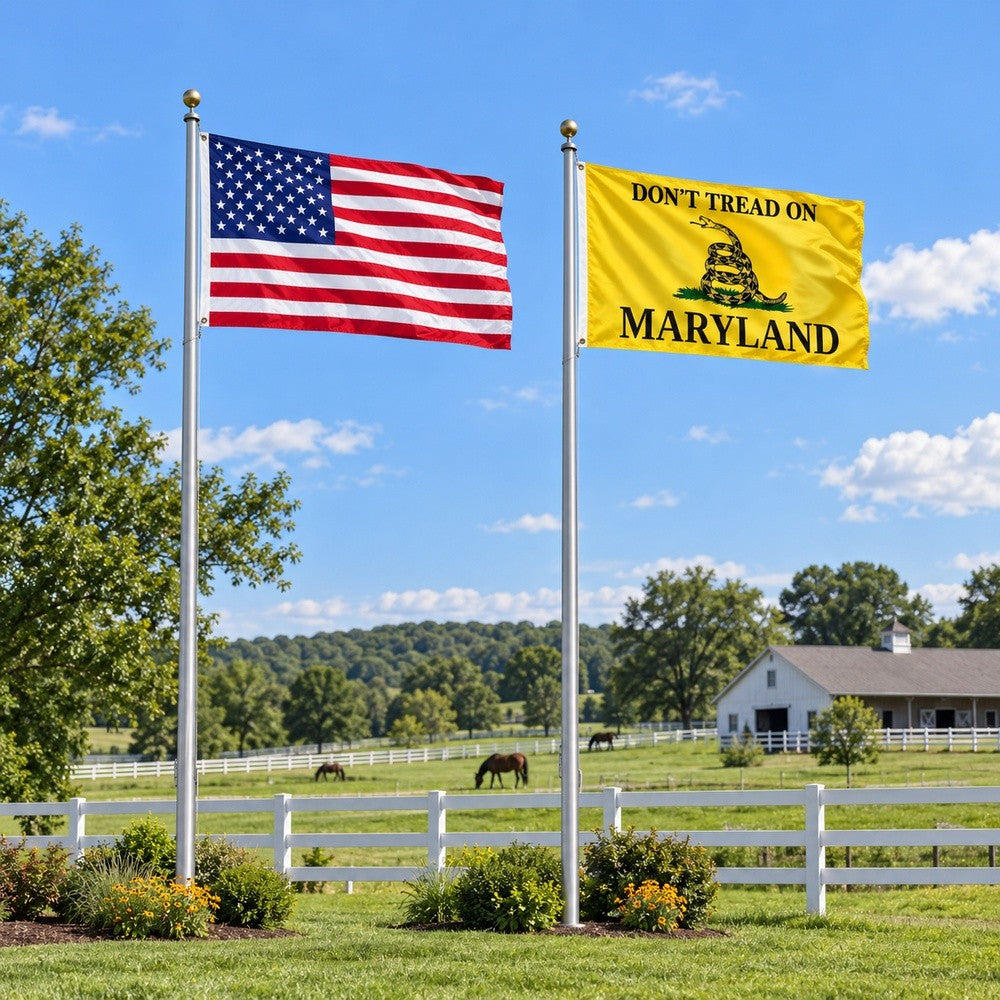 Heavy Duty American Flag and Don't Tread on Maryland Flag 3x5 2-Pack displayed outdoors
