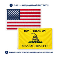 Heavy Duty American Flag and Don't Tread on Massachusetts Flag 3x5 2-Pack features and size details