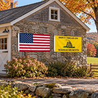 Heavy Duty American Flag and Don't Tread on Massachusetts Flag 3x5 2-Pack displayed outdoors