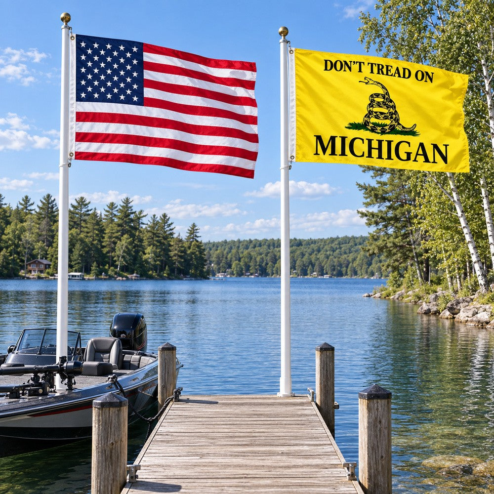 Heavy Duty American Flag and Don't Tread on Michigan Flag 3x5 2-Pack displayed outdoors