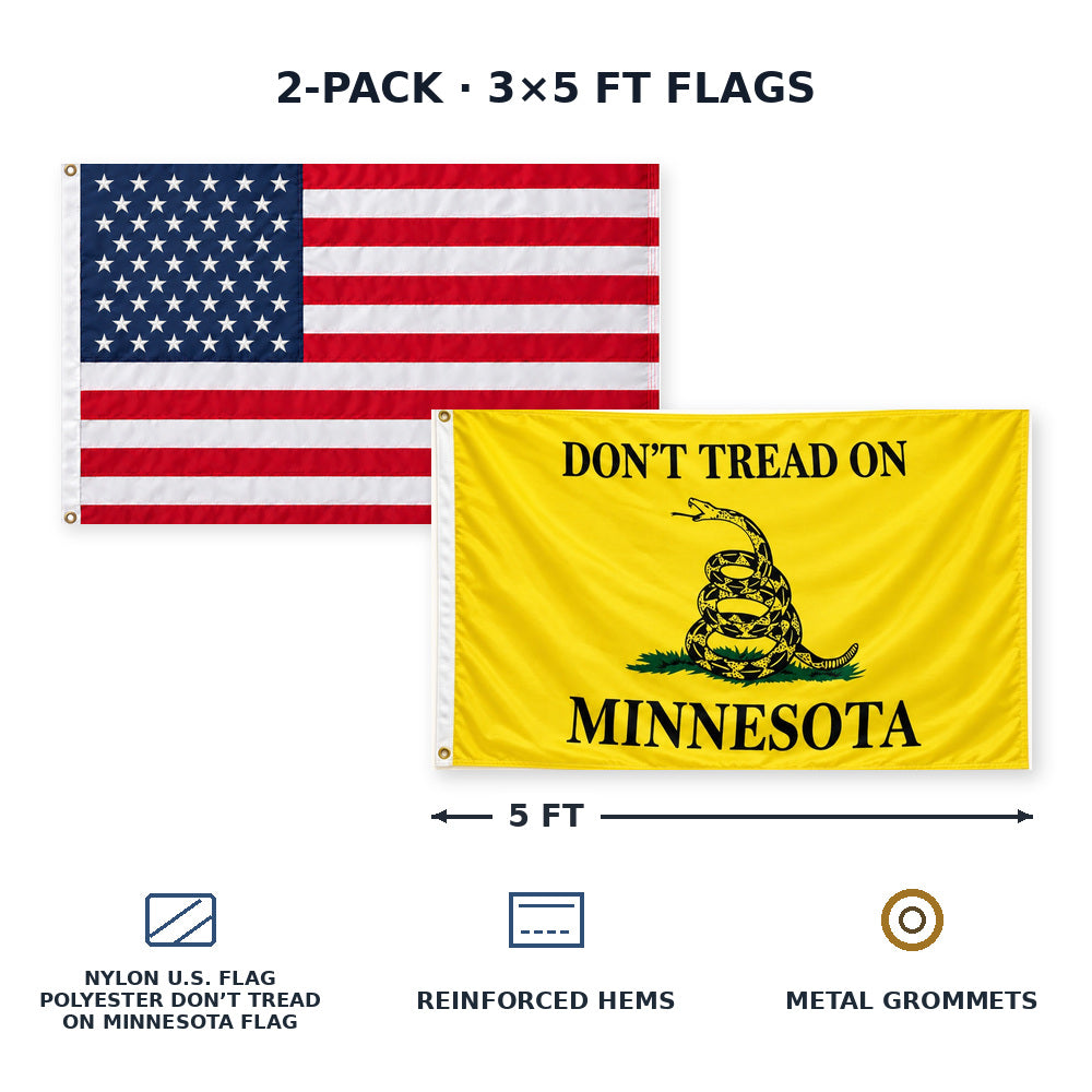 Heavy Duty American Flag and Don't Tread on Minnesota Flag 3x5 2-Pack features and size details