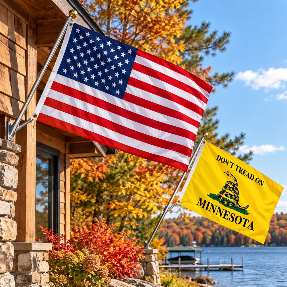 Heavy Duty American Flag and Don't Tread on Minnesota Flag 3x5 2-Pack displayed outdoors