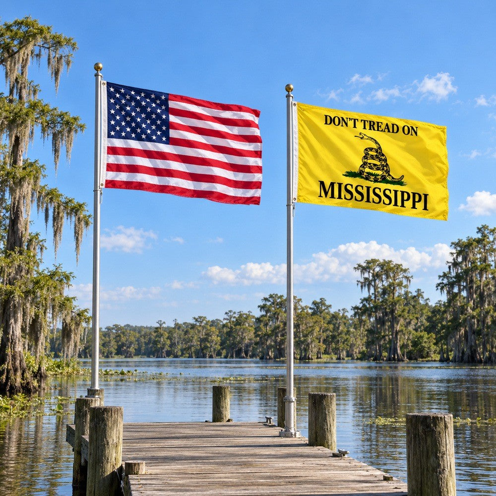 Heavy Duty American Flag and Don't Tread on Mississippi Flag 3x5 2-Pack displayed outdoors