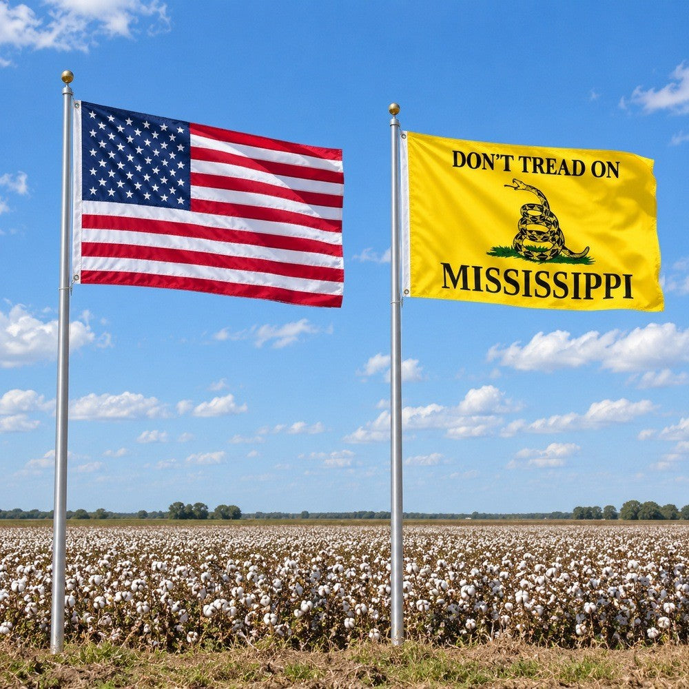 Heavy Duty American Flag and Don't Tread on Mississippi Flag 3x5 2-Pack displayed outdoors