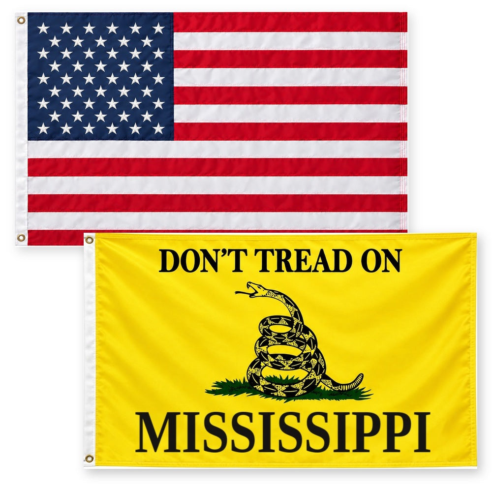 Heavy Duty American Flag and Don't Tread on Mississippi Flag 3x5 2-Pack