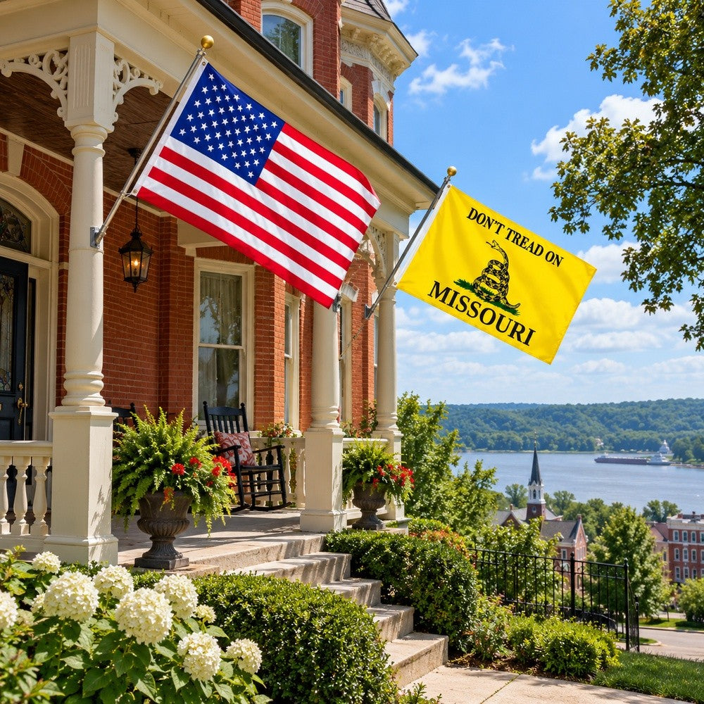 Heavy Duty American Flag and Don't Tread on Missouri Flag 3x5 2-Pack displayed outdoors