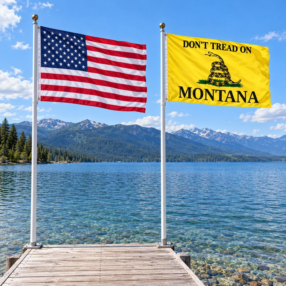 Heavy Duty American Flag and Don't Tread on Montana Flag 3x5 2-Pack displayed outdoors