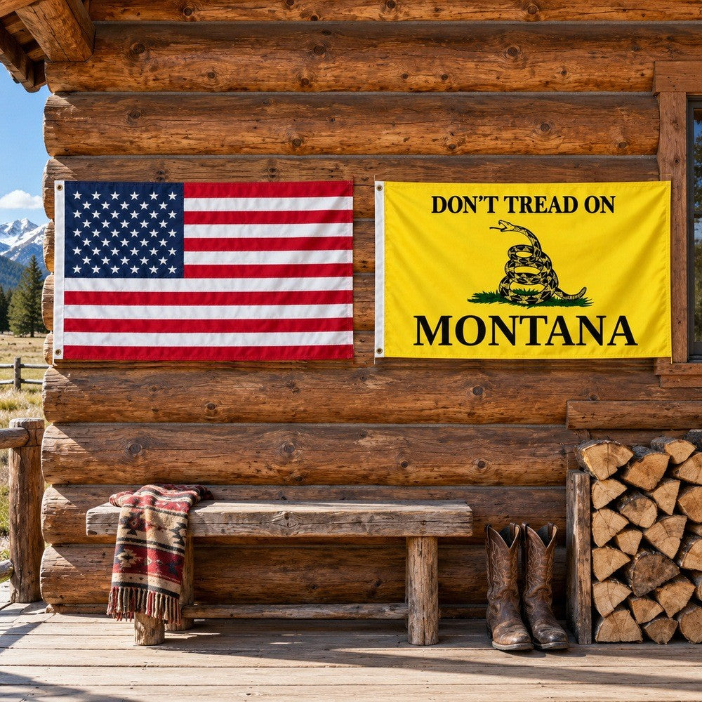Heavy Duty American Flag and Don't Tread on Montana Flag 3x5 2-Pack displayed outdoors