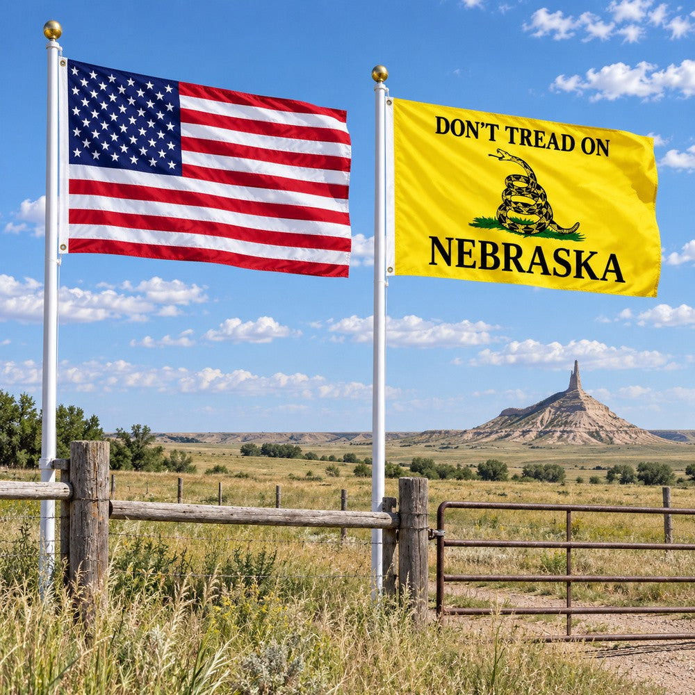 Heavy Duty American Flag and Don't Tread on Nebraska Flag 3x5 2-Pack displayed outdoors