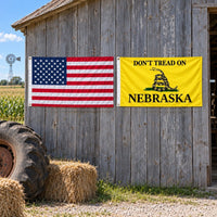Heavy Duty American Flag and Don't Tread on Nebraska Flag 3x5 2-Pack displayed outdoors