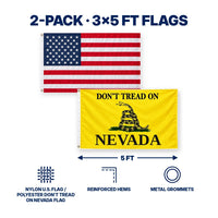 Heavy Duty American Flag and Don't Tread on Nevada Flag 3x5 2-Pack features and size details