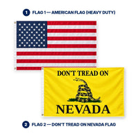 Heavy Duty American Flag and Don't Tread on Nevada Flag 3x5 2-Pack features and size details