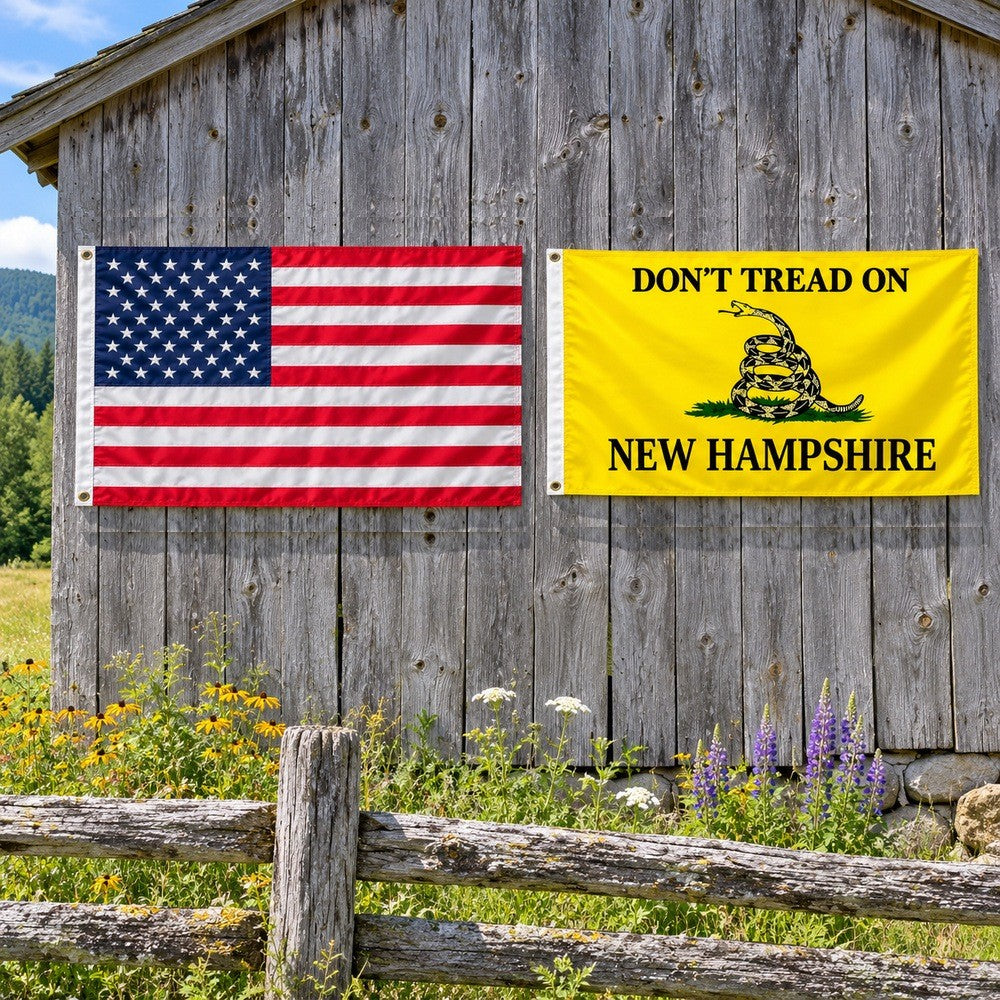 Heavy Duty American Flag and Don't Tread on New Hampshire Flag 3x5 2-Pack displayed outdoors
