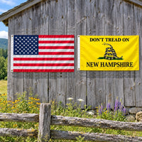 Heavy Duty American Flag and Don't Tread on New Hampshire Flag 3x5 2-Pack displayed outdoors