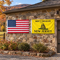 Heavy Duty American Flag and Don't Tread on New Jersey Flag 3x5 2-Pack displayed outdoors