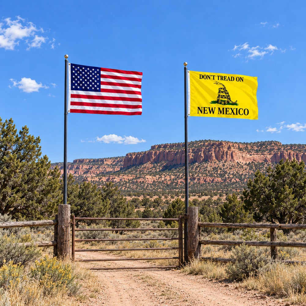 Heavy Duty American Flag and Don't Tread on New Mexico Flag 3x5 2-Pack displayed outdoors
