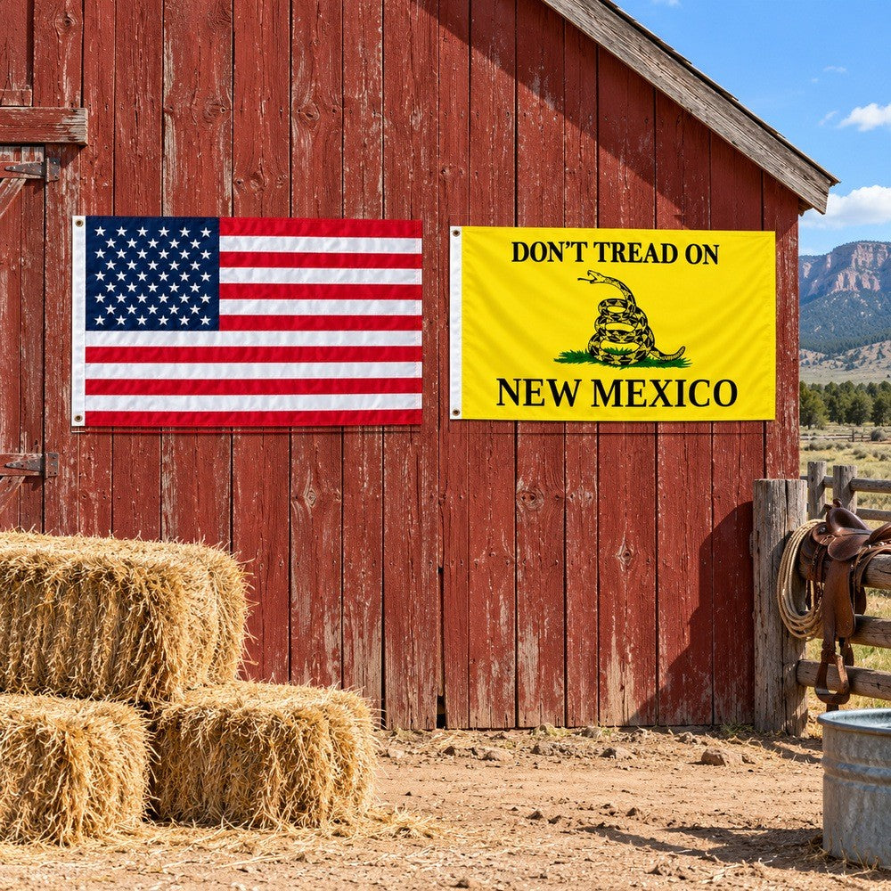 Heavy Duty American Flag and Don't Tread on New Mexico Flag 3x5 2-Pack displayed outdoors