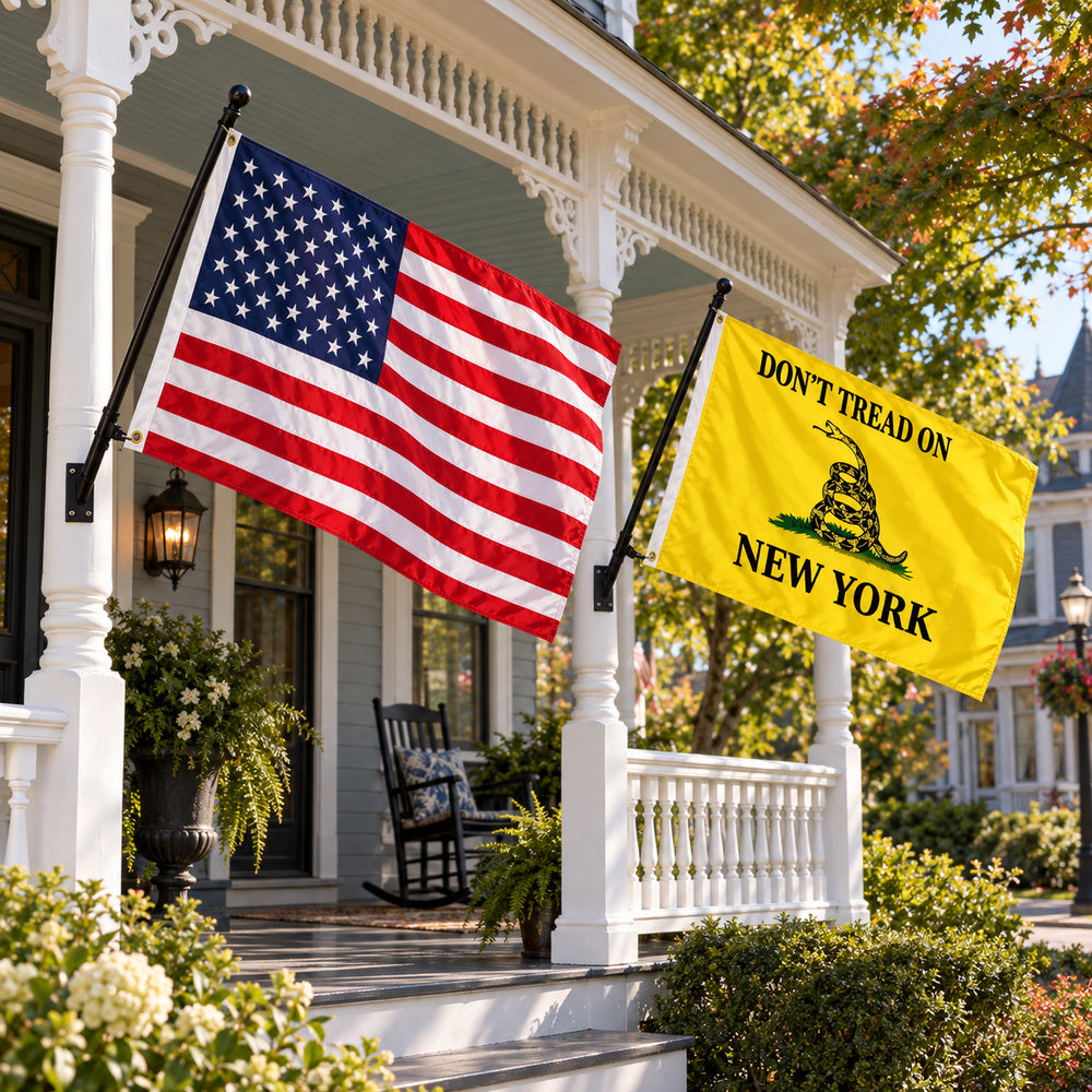 Heavy Duty American Flag and Don't Tread on New York Flag 3x5 2-Pack displayed outdoors