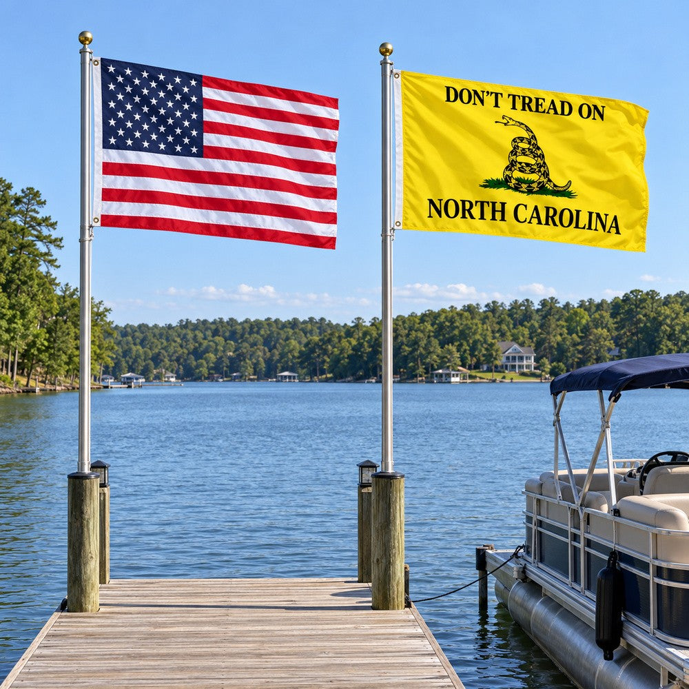Heavy Duty American Flag and Don't Tread on North Carolina Flag 3x5 2-Pack displayed outdoors