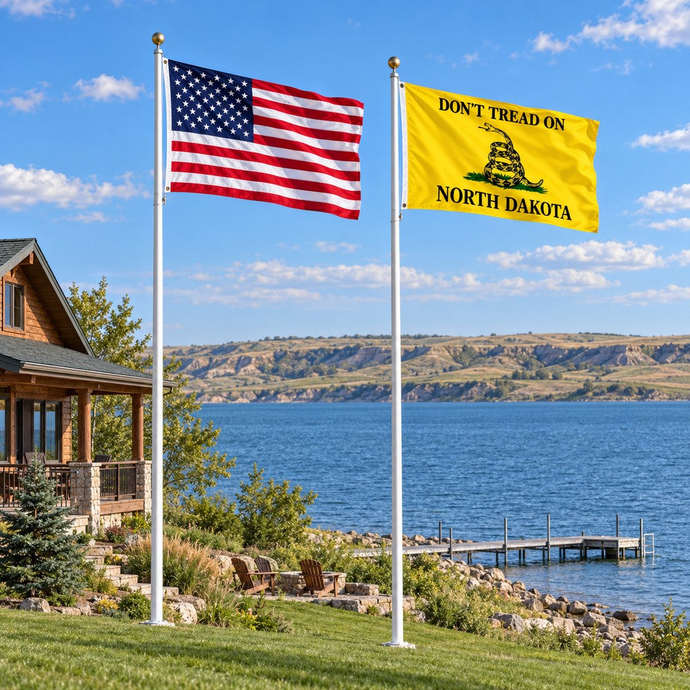 Heavy Duty American Flag and Don't Tread on North Dakota Flag 3x5 2-Pack displayed outdoors
