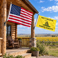 Heavy Duty American Flag and Don't Tread on North Dakota Flag 3x5 2-Pack displayed outdoors