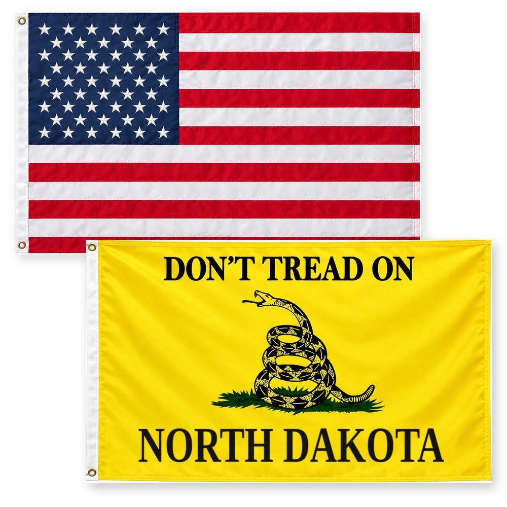 Heavy Duty American Flag and Don't Tread on North Dakota Flag 3x5 2-Pack