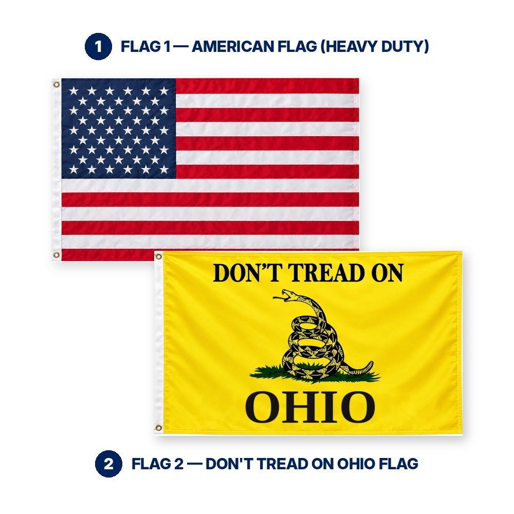 Heavy Duty American Flag and Don't Tread on Ohio Flag 3x5 2-Pack features and size details