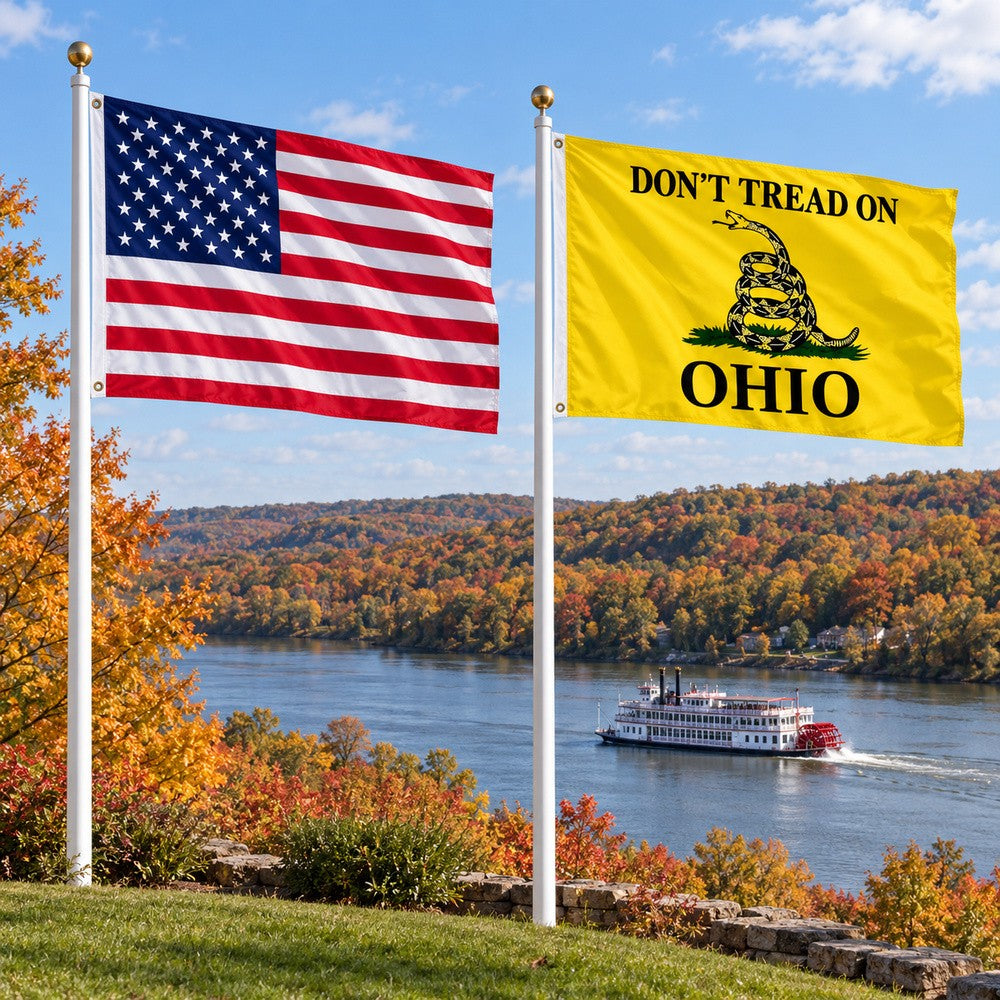 Heavy Duty American Flag and Don't Tread on Ohio Flag 3x5 2-Pack displayed outdoors