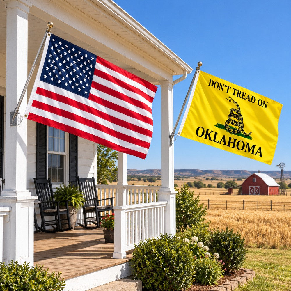 Heavy Duty American Flag and Don't Tread on Oklahoma Flag 3x5 2-Pack displayed outdoors