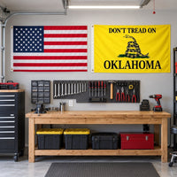 Heavy Duty American Flag and Don't Tread on Oklahoma Flag 3x5 2-Pack displayed outdoors