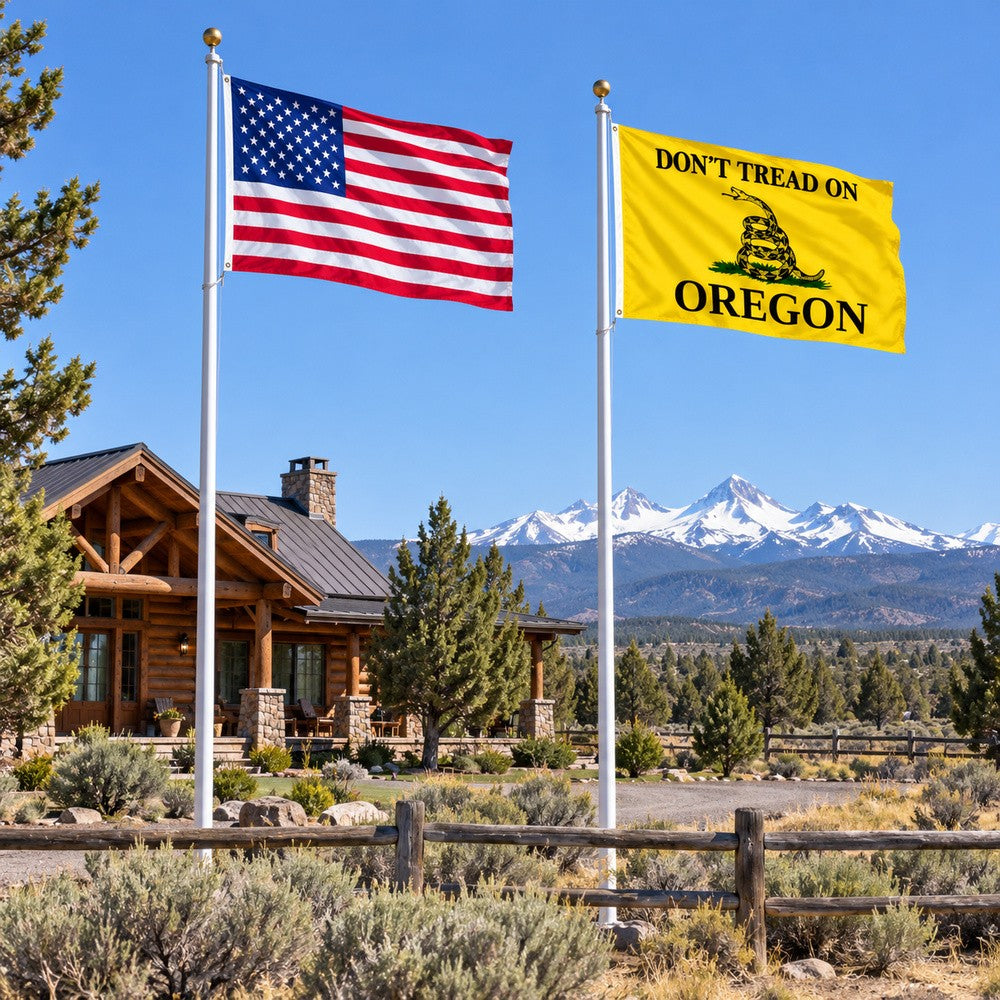 Heavy Duty American Flag and Don't Tread on Oregon Flag 3x5 2-Pack displayed outdoors